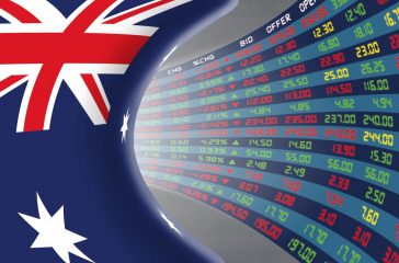 National flag of Australia with a large display of daily stock market price and quotations during normal economic period. The fate and mystery of Australian stock market, tunnel/corridor concept.