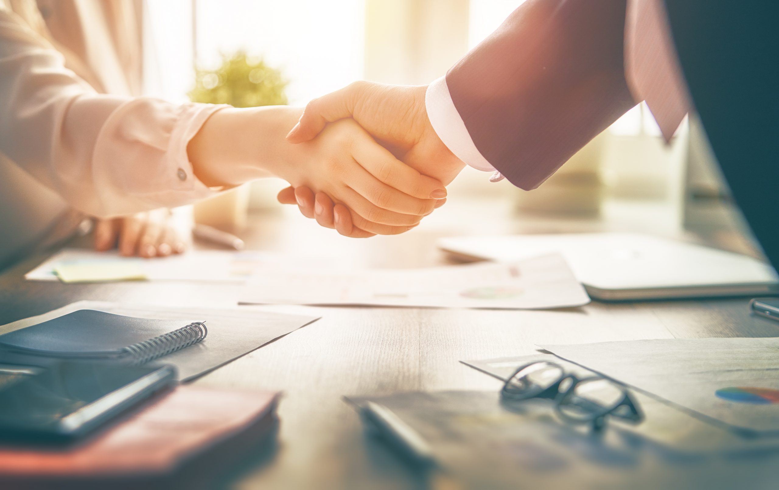 Businessman and businesswoman shaking hands above desk