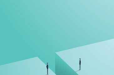 Business comunication or negotiation problems, issues. Two businessmen icons with gap between them.