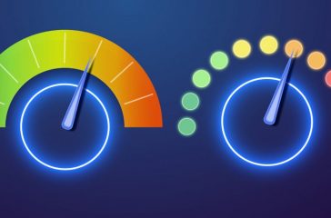 Futuristic neon customer satisfaction meter, speedometer. The concept of low-risk, low, medium or high risk on the speedometer Vector illustration.