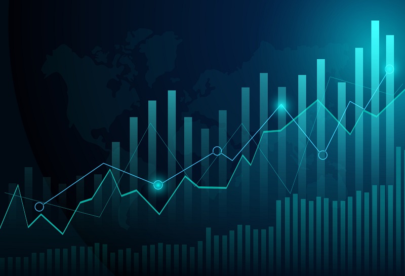 Business candle stick graph chart of stock market investment trading on blue background. Bullish point, Trend of graph. Eps10 Vector illustration.