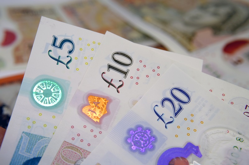 New British polymer money. The banknote 5, 10, 20 Sterling Pound notes which released by February 2020 in the United Kingdom.