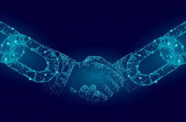 Blockchain technology agreement handshake business concept low poly. Polygonal point line geometric design. Hands chain link internet hyperlink connection blue vector illustration
