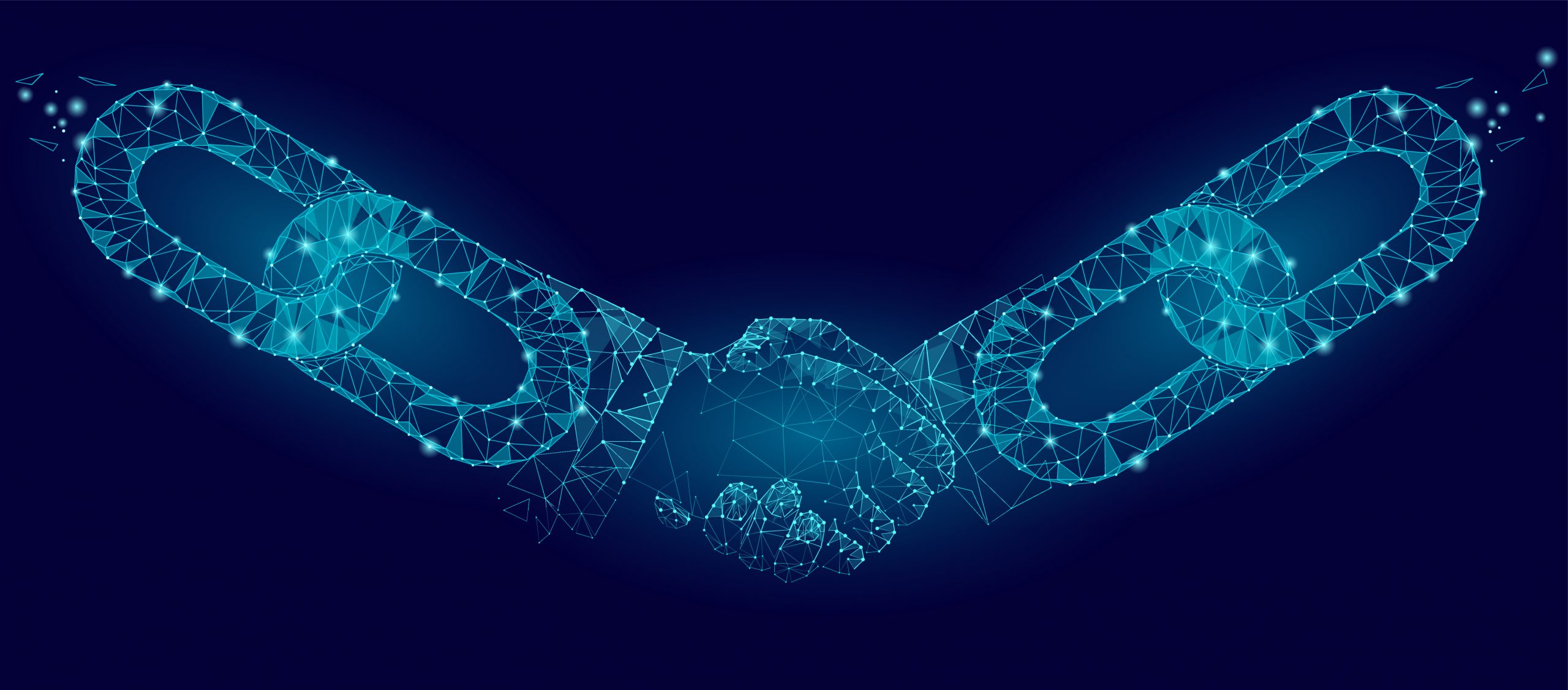 Blockchain technology agreement handshake business concept low poly. Polygonal point line geometric design. Hands chain link internet hyperlink connection blue vector illustration