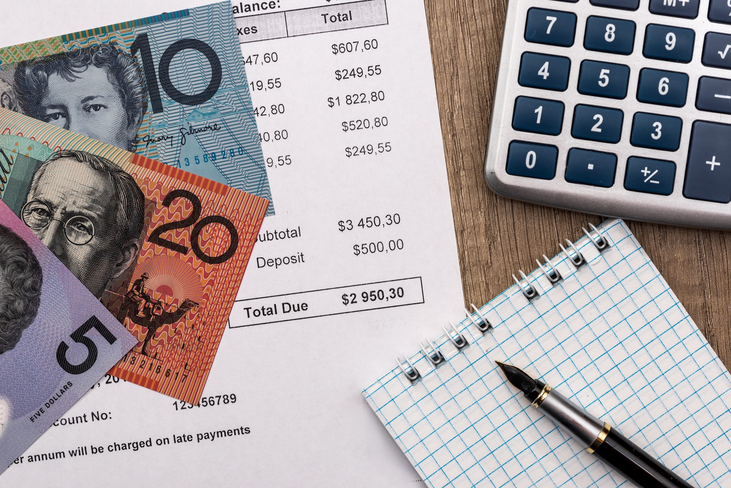Statement of account with australian dollar, calculator and notepad