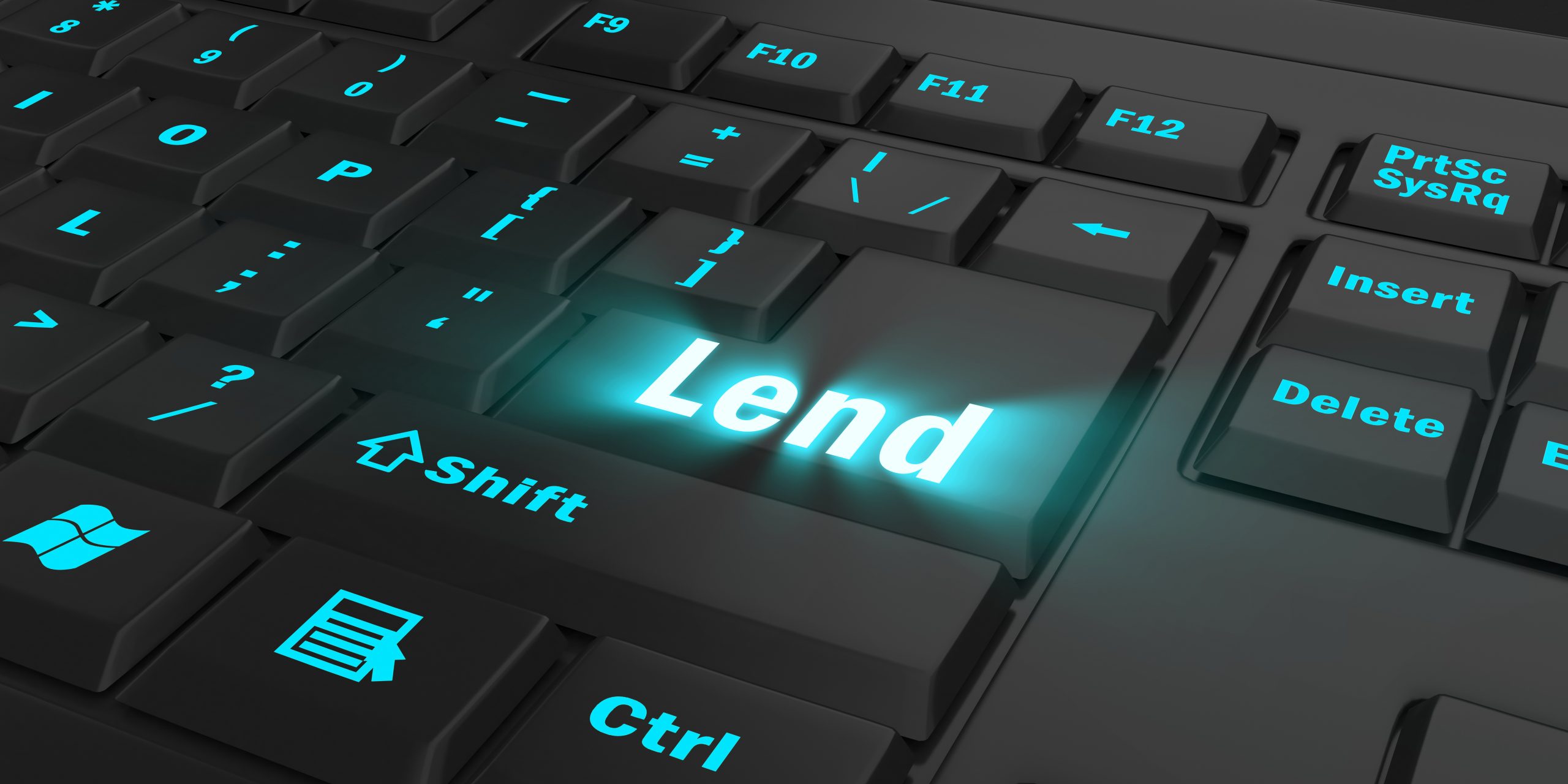 blue glowing Lend key on black computer keyboard, 3d illustration
