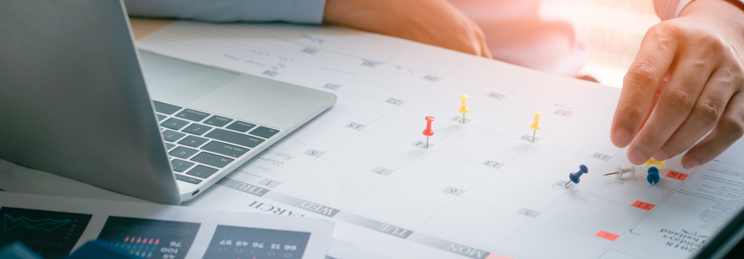 Business Man with laptop, Calendar in office, Business management event . Organizational management, business plan targeted marketing activities, media relations advertising.