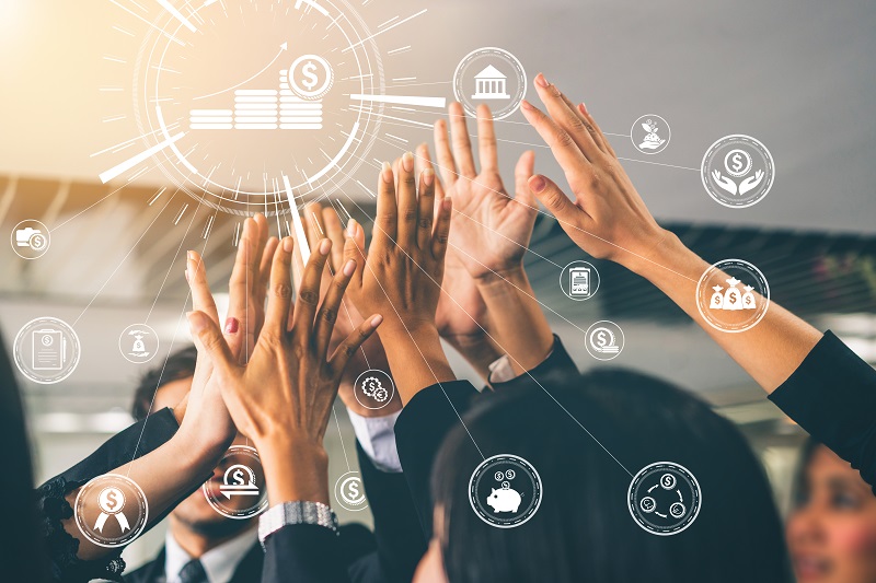 Finance and Money Transaction Technology Concept. Icon Graphic interface showing fintech trade exchange, profit statistics analysis and market analyst service in modern computer application.