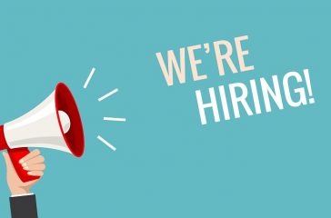 We hiring now banner job offer vector background. Hiring promotion megaphone employee illustration