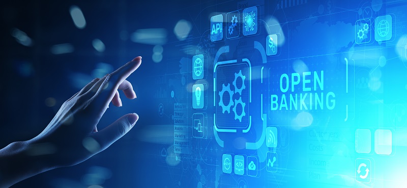 Open banking financial technology fintech concept on virtual screen.
