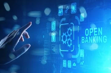 Open banking financial technology fintech concept on virtual screen.