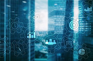 Business process automation concept. Gears and icons on abstract background.