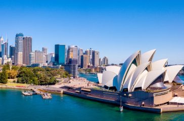 Beautiful aerial view of the Sydney Opera house by the bay in Australia. Panoramic view.