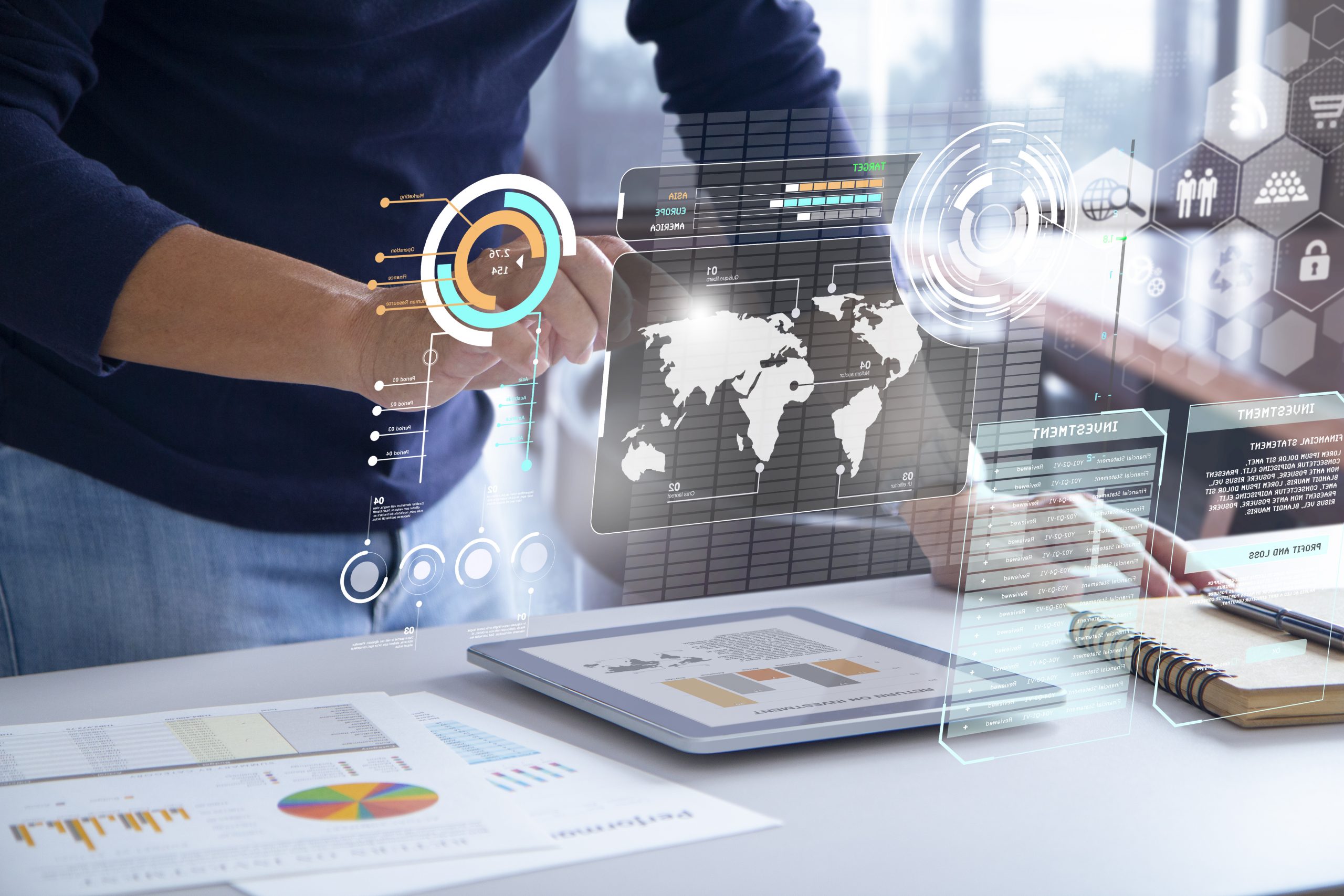 Business man in blue casual costume touching futuristic augmented reality touch screen while analysing business information on performance, investment risk or return on investment