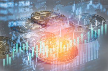 Modern way of exchange. Bitcoin is convenient payment in global economy market. Virtual digital currency and financial investment trade concept. Abstract cryptocurrency with gold bitcoin background..