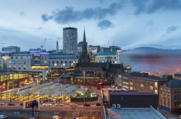 city skyline of Birmingham business district, West midlands, UK at dusk