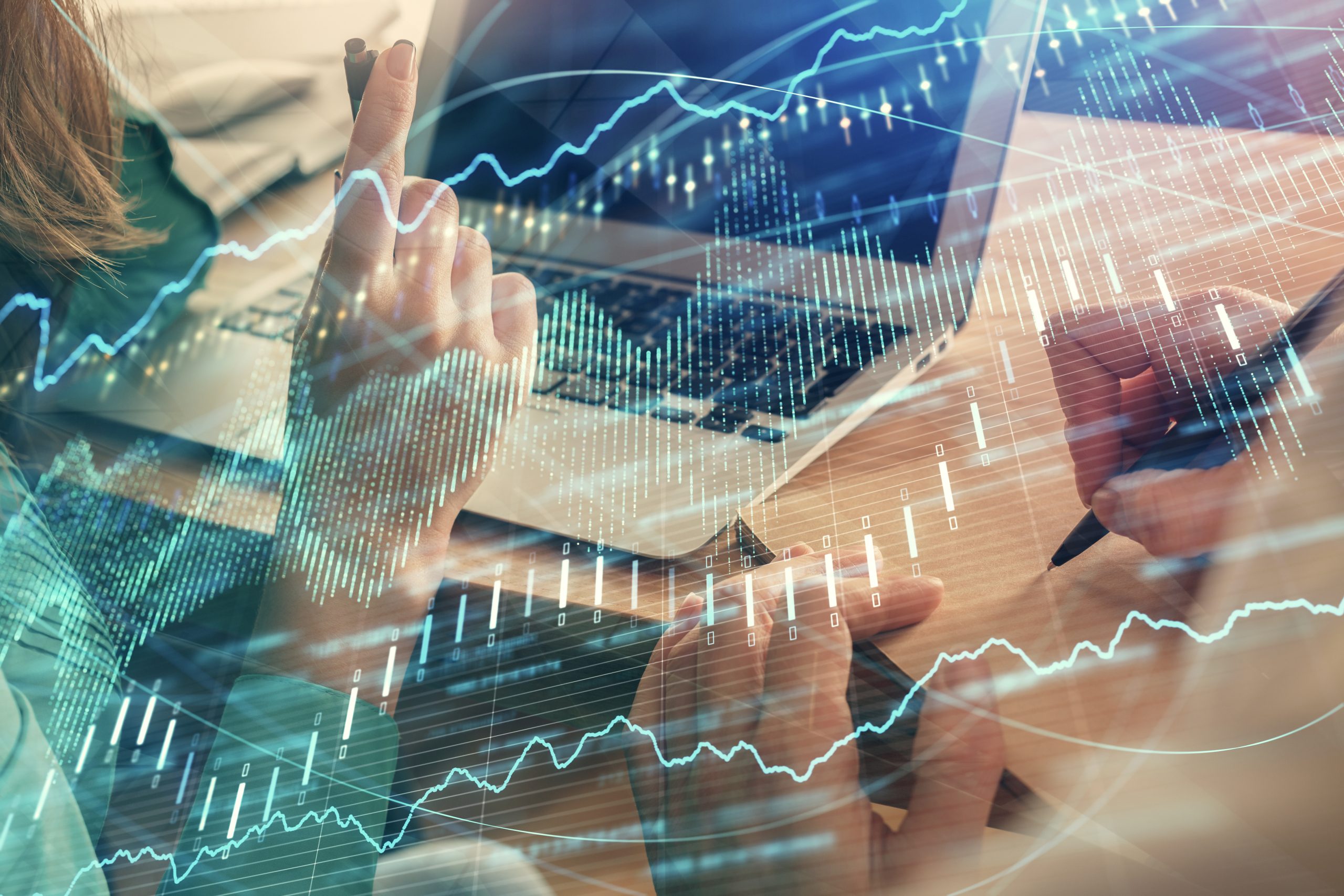 Double exposure of man and woman working together and forex chart hologram. Business concept. Computer background.
