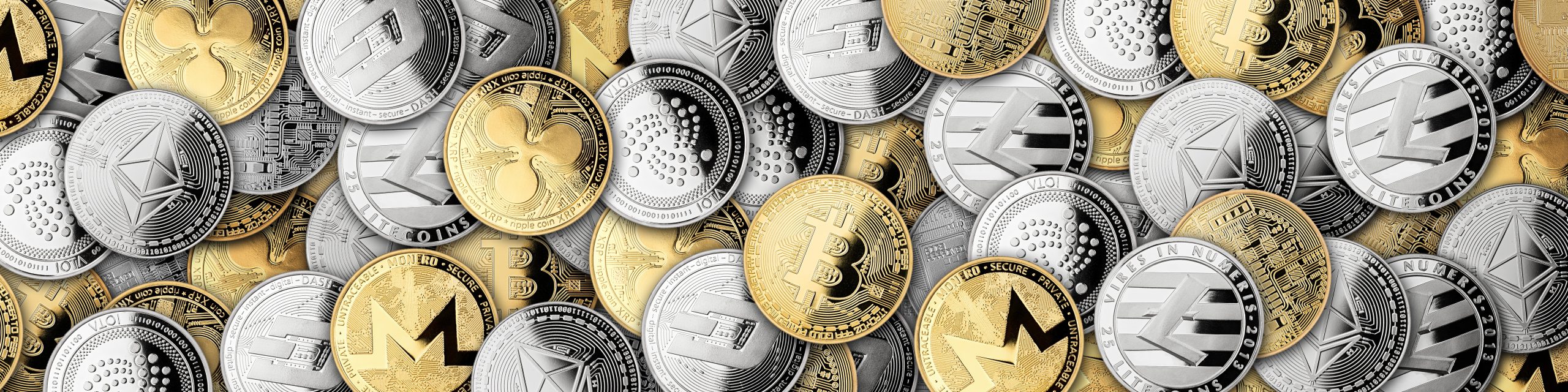 cryptocurrency background banner huge stack of different silver and golden crypto coins bitcoin ethereum ripple monero dash iota litecoin