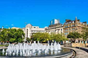Fountains at Piccadilly garden in Manchester, England