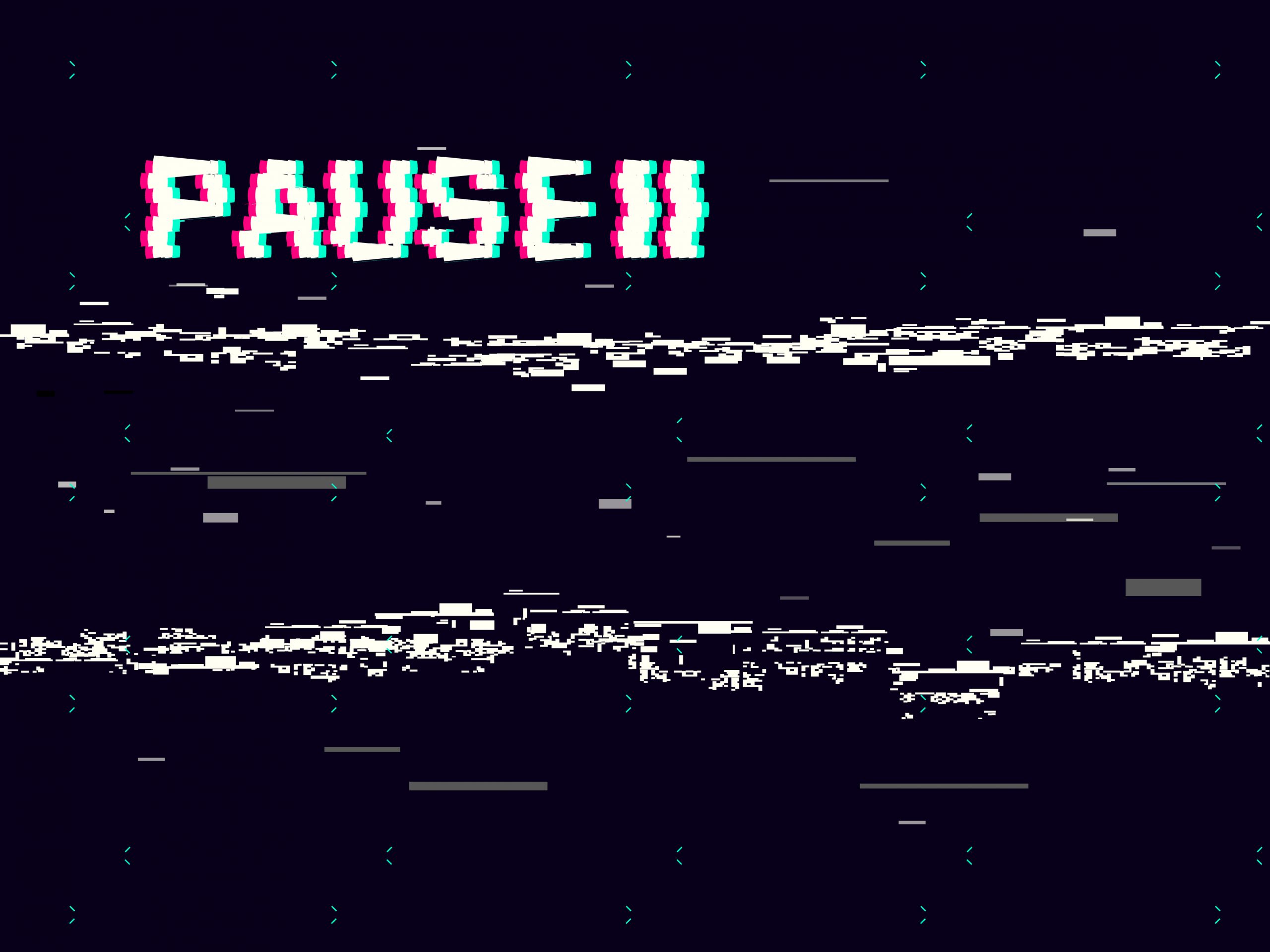 Glitch pause with symbol on dark background. Retro VHS backdrop. Abstract white distortions. Video cassette effect. Vector illustration