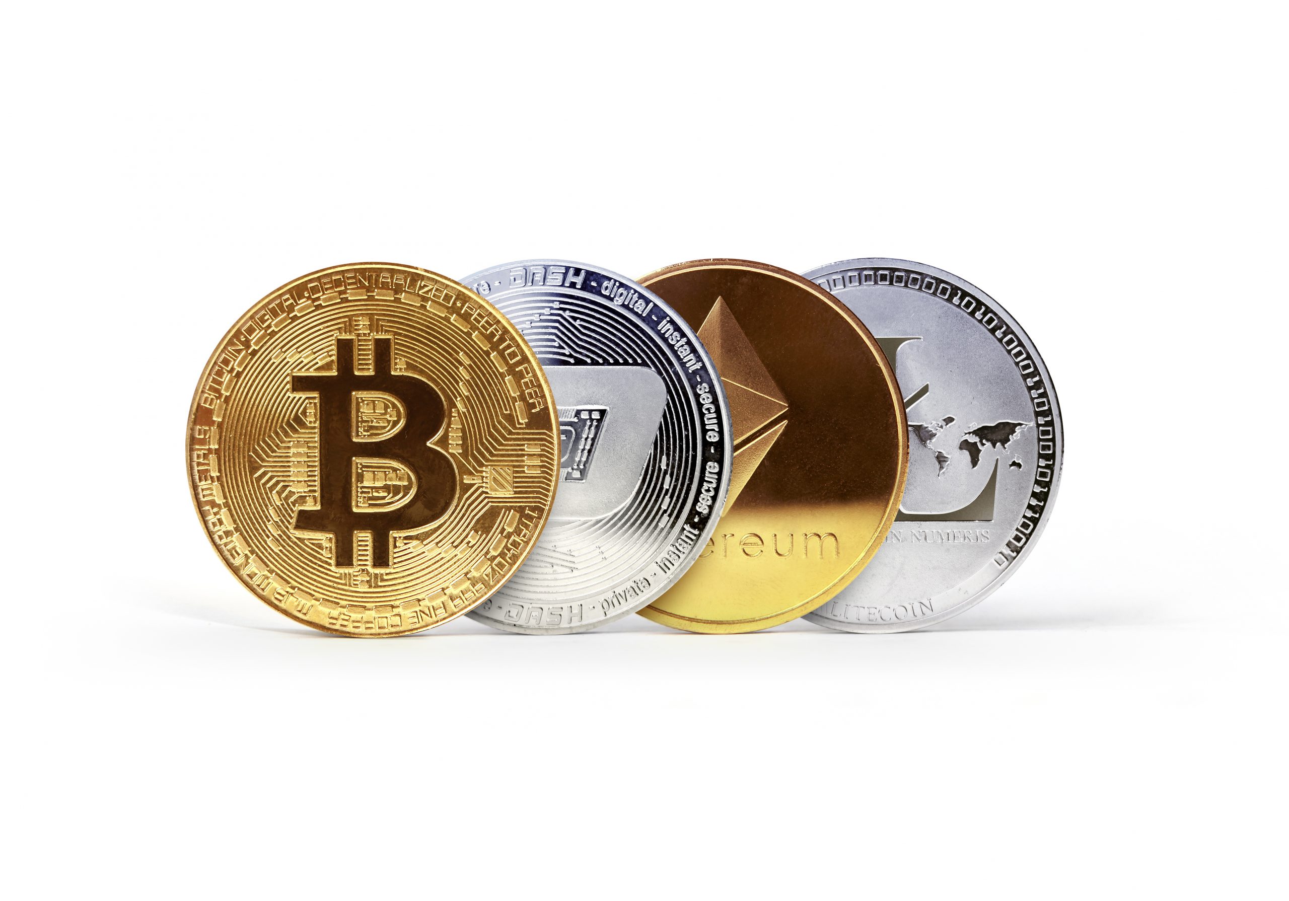 Bitcoin, Dash, Ethereum and Lite coins. Set of popular cryptocurrencies. Isolated on white background.