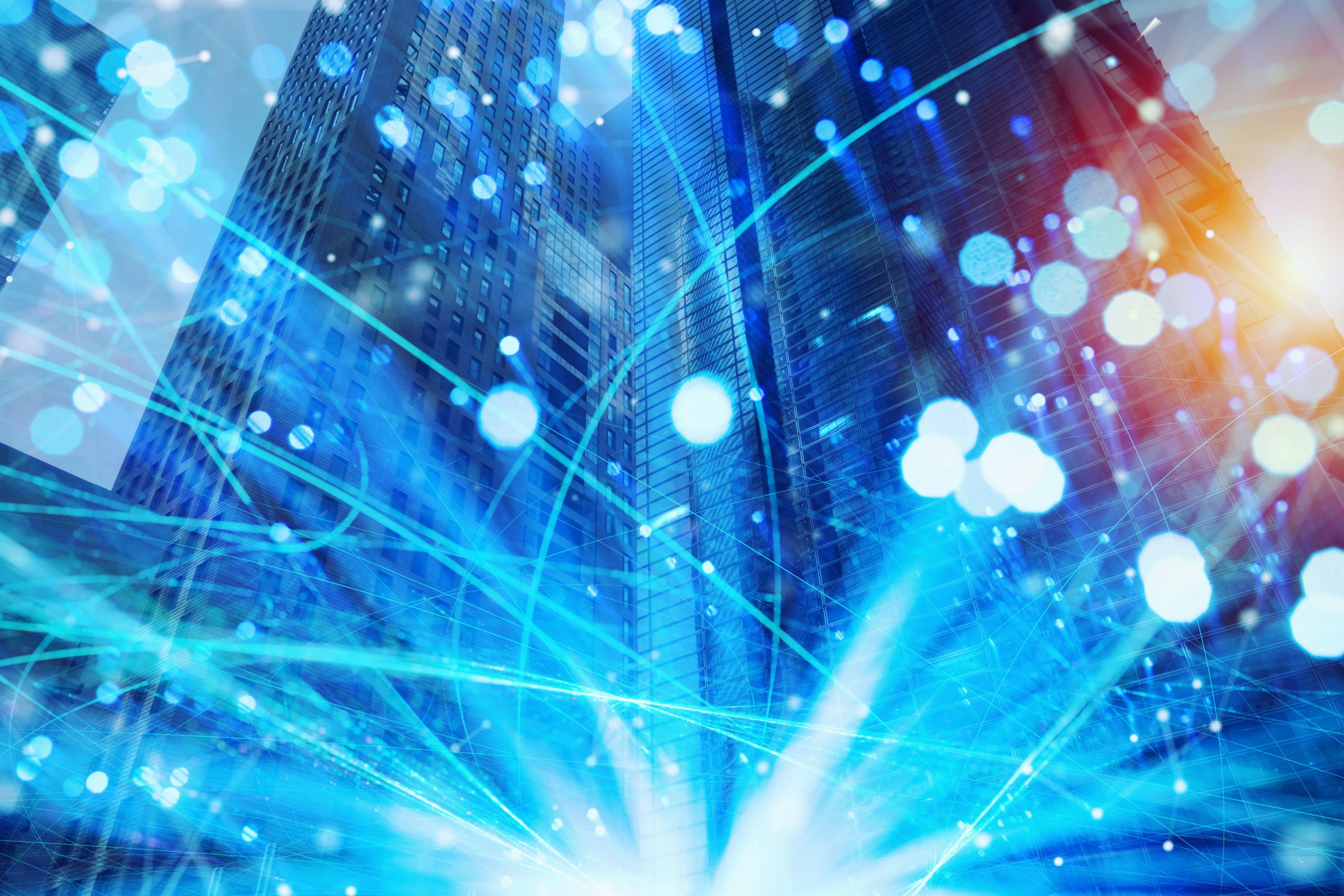 Fast connection in the city at night. Abstract technology background