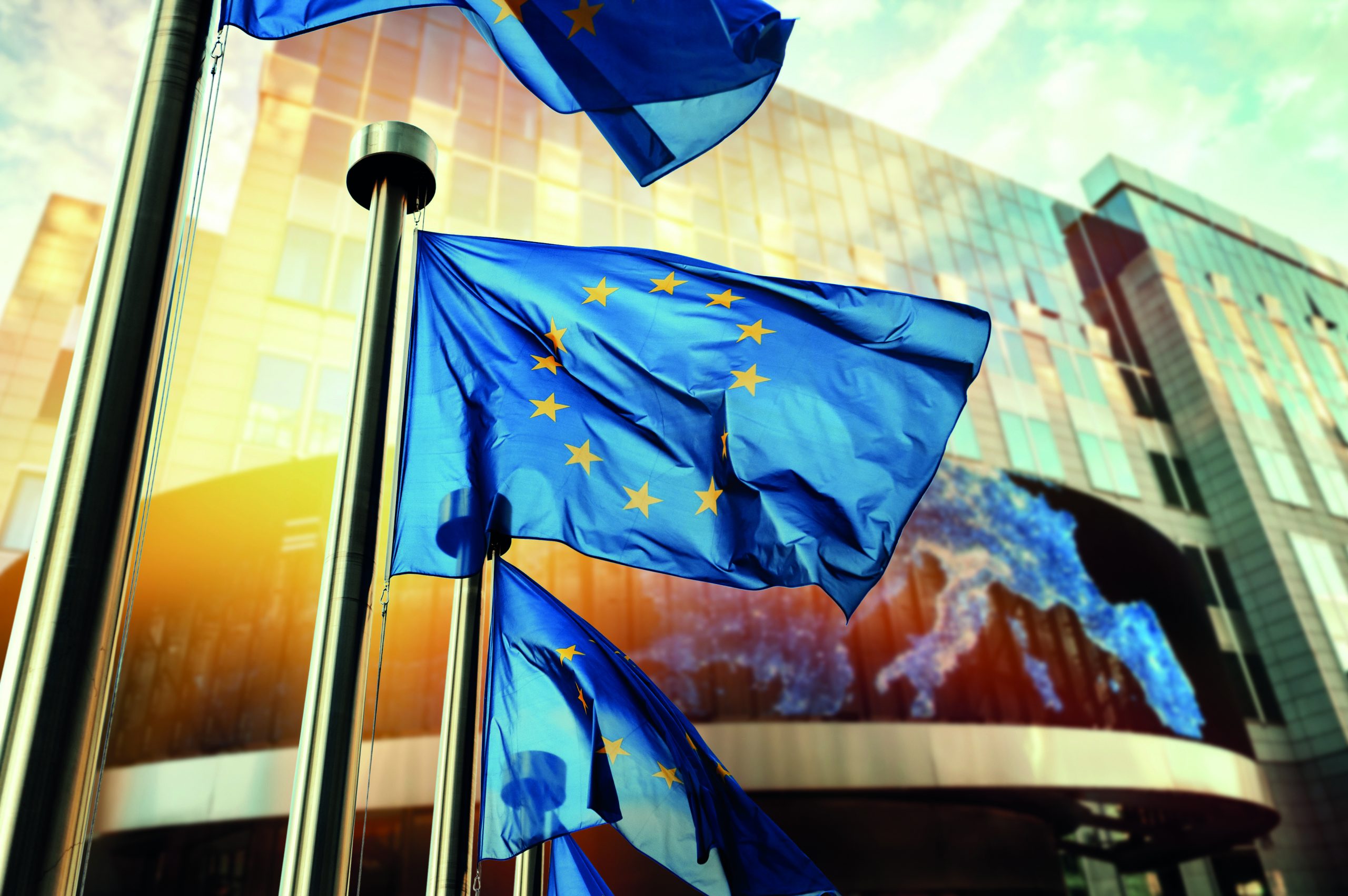 EU flags waving in front of European Parliament building. Brusse