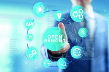Open banking financial technology fintech concept on virtual screen.