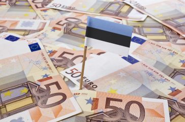 Flag of Estonia sticking in 50 Euro banknotes.(series)