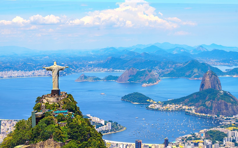 Aerial view of Rio de Janeiro with Christ Redeemer and Corcovado Mountain. Brazil. Latin America, horizontal