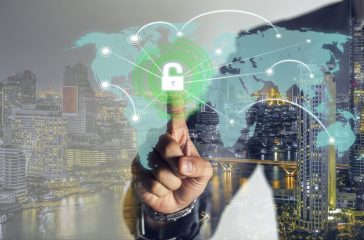 double exprosure, businessman is touching scan identity to open hologram and unlock data online global to link viral information, cybersecurity technology background.