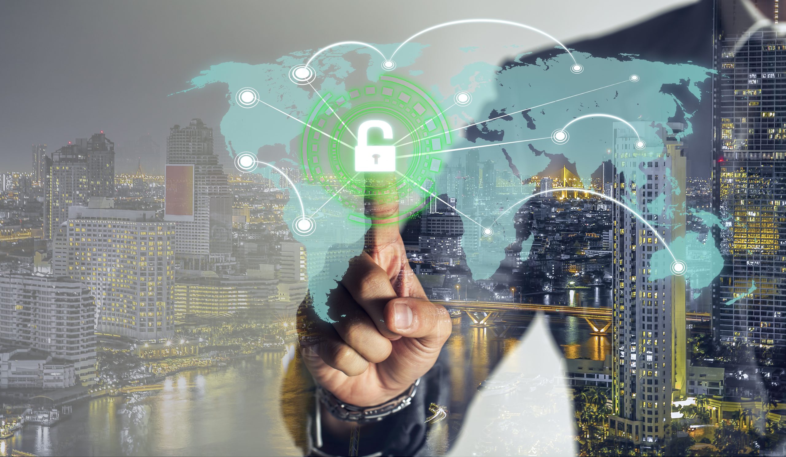 double exprosure, businessman is touching scan identity to open hologram and unlock data online global to link viral information, cybersecurity technology background.