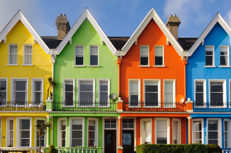 Row of brightly painted multicoloured houses in Whitehead, Northern Ireland