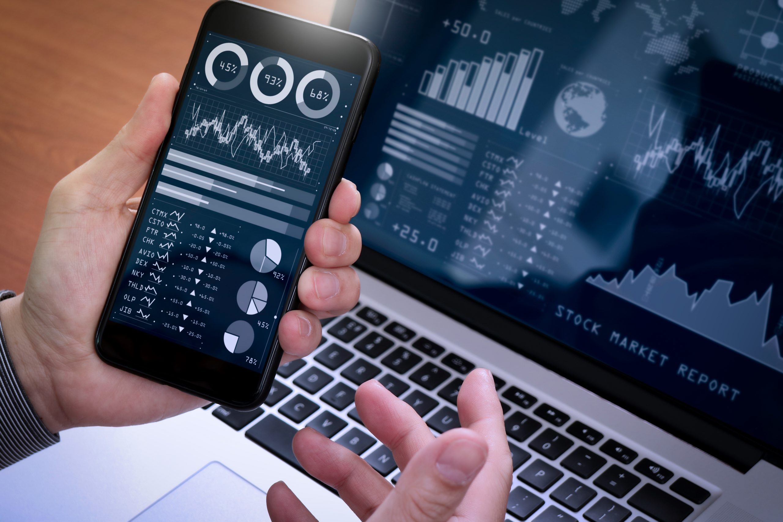 Investor analyzing stock market report and financial dashboard with business intelligence (BI), with key performance indicators (KPI).Businessman using smart phone with laptop computer.