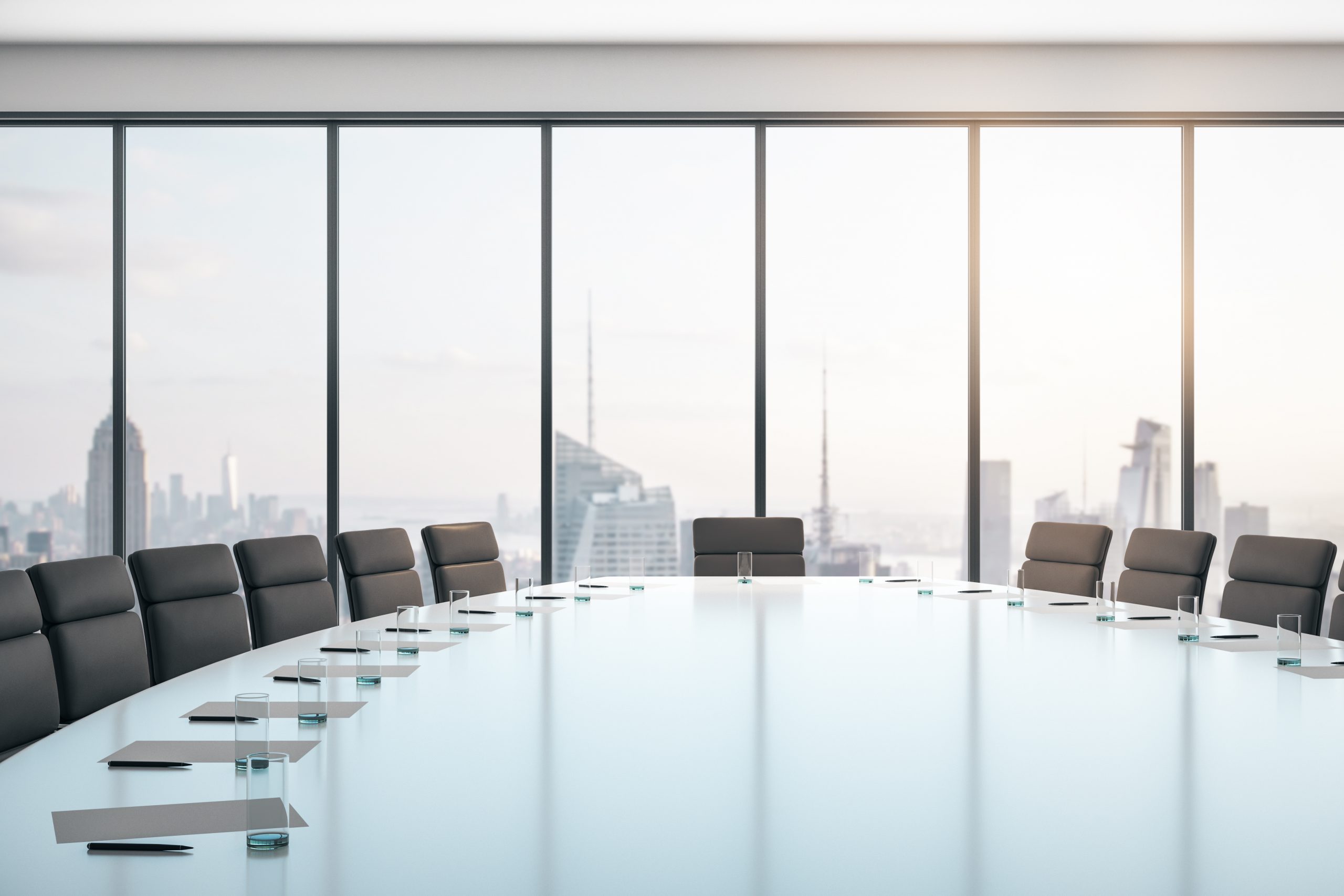 Conference room with table and chairs, large window and city view at sunrise, business concept. 3D Rendering