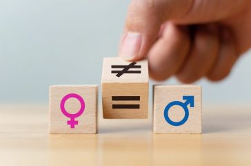 Concepts of gender equality. Hand flip wooden cube with symbol unequal change to equal sign