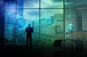 A man examines an infographic on a virtual interface, 3D render.