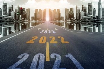 2022 numbers on the street leading to the city skyscrapers in th