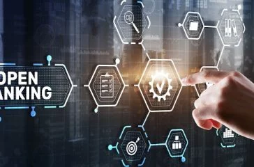 Open Banking Online Finance Concept. Man clicks on a virtual screen inscription