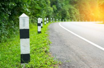 Black and white milestones with green grass roadside, Trees road