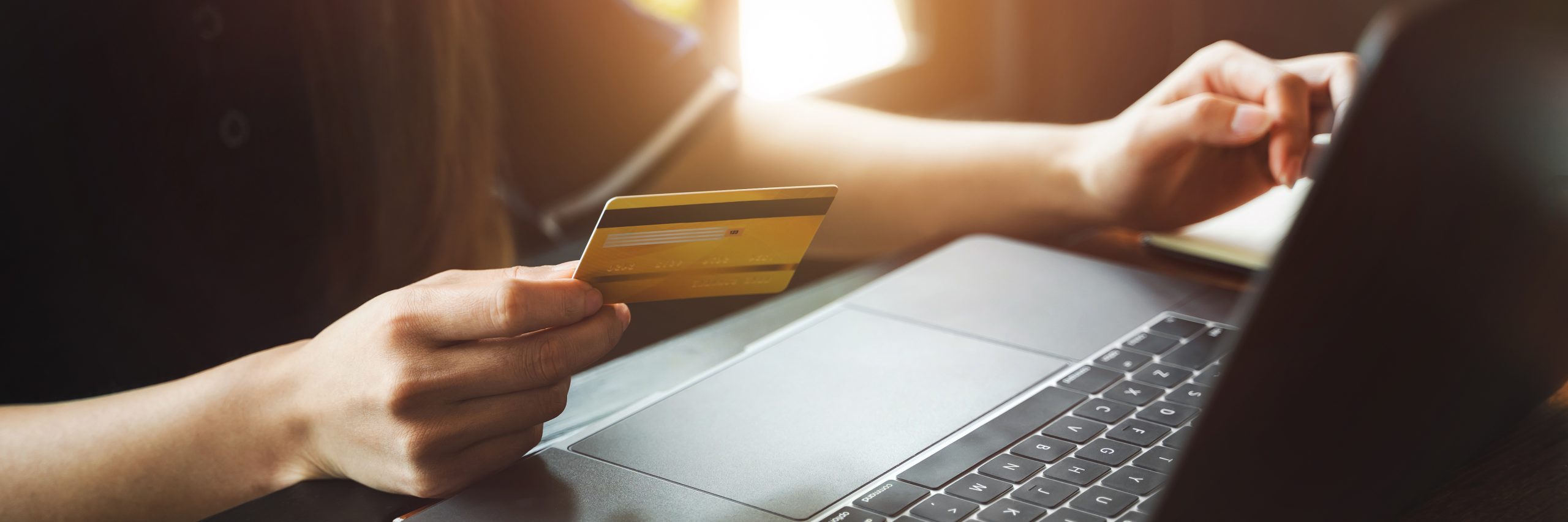 Close up female hands holding smart phone and credit card for on