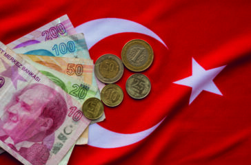Close-up of Turkish Lira on Turkish Flag.