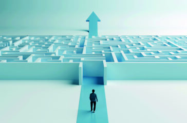Man Walking Toward Maze with Up Arrow Exit  Challenges, Strategy, and Success, 3D Render