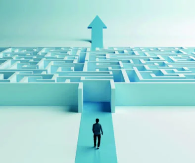 Man Walking Toward Maze with Up Arrow Exit  Challenges, Strategy, and Success, 3D Render