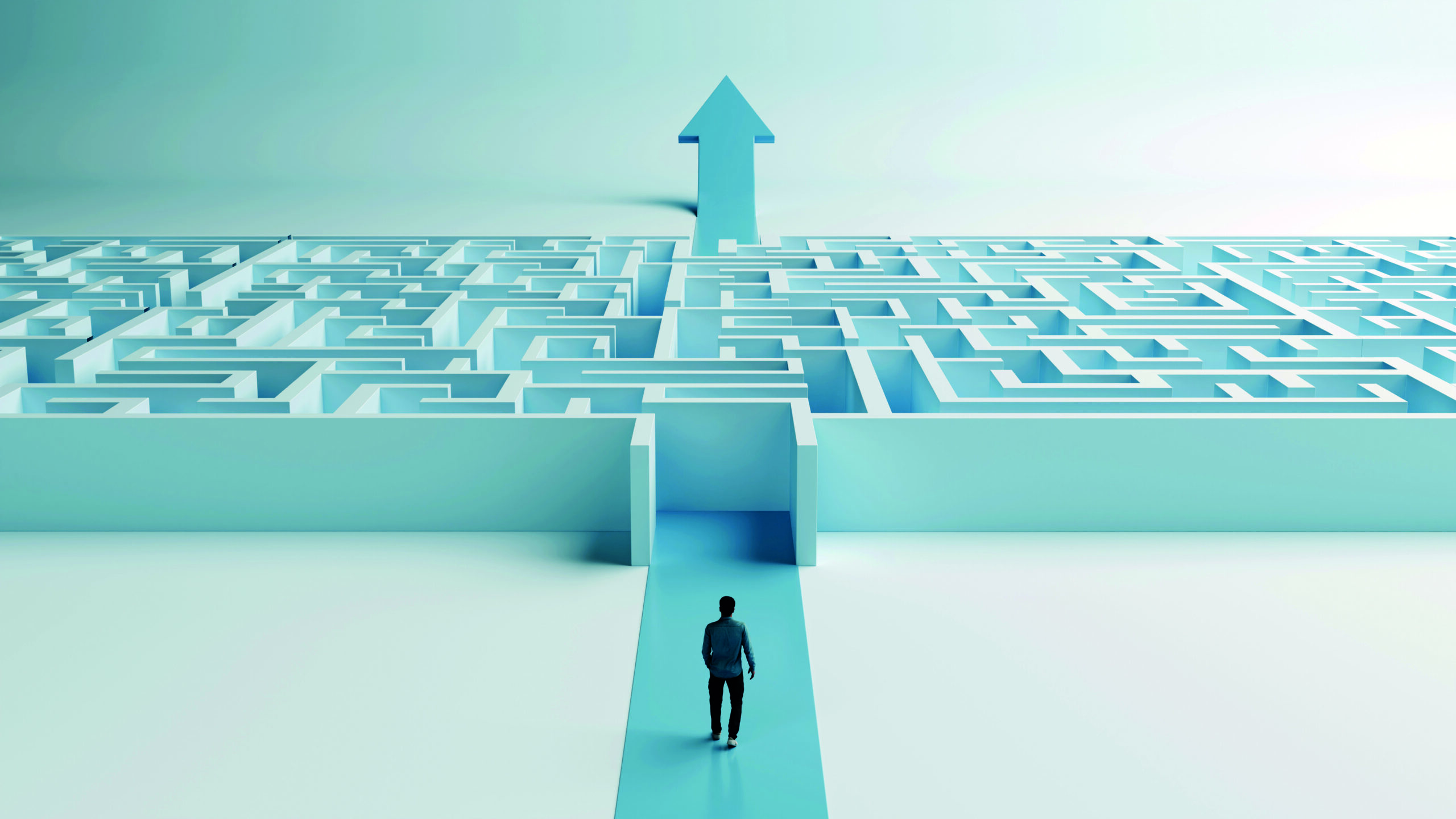 Man Walking Toward Maze with Up Arrow Exit  Challenges, Strategy, and Success, 3D Render