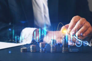 Financial investment and success market stock technology currency report.Money business financial graph diagram of coin. Financial growth data or investment market profit bar.