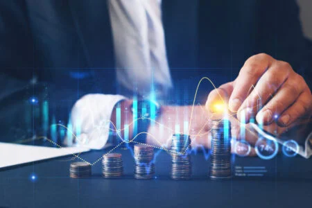 Financial investment and success market stock technology currency report.Money business financial graph diagram of coin. Financial growth data or investment market profit bar.